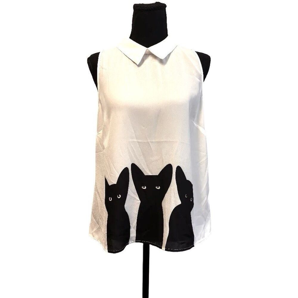 MOON Cat Trio Sleeveless Blouse Ivory With Black Kitty Across Front Women’s L